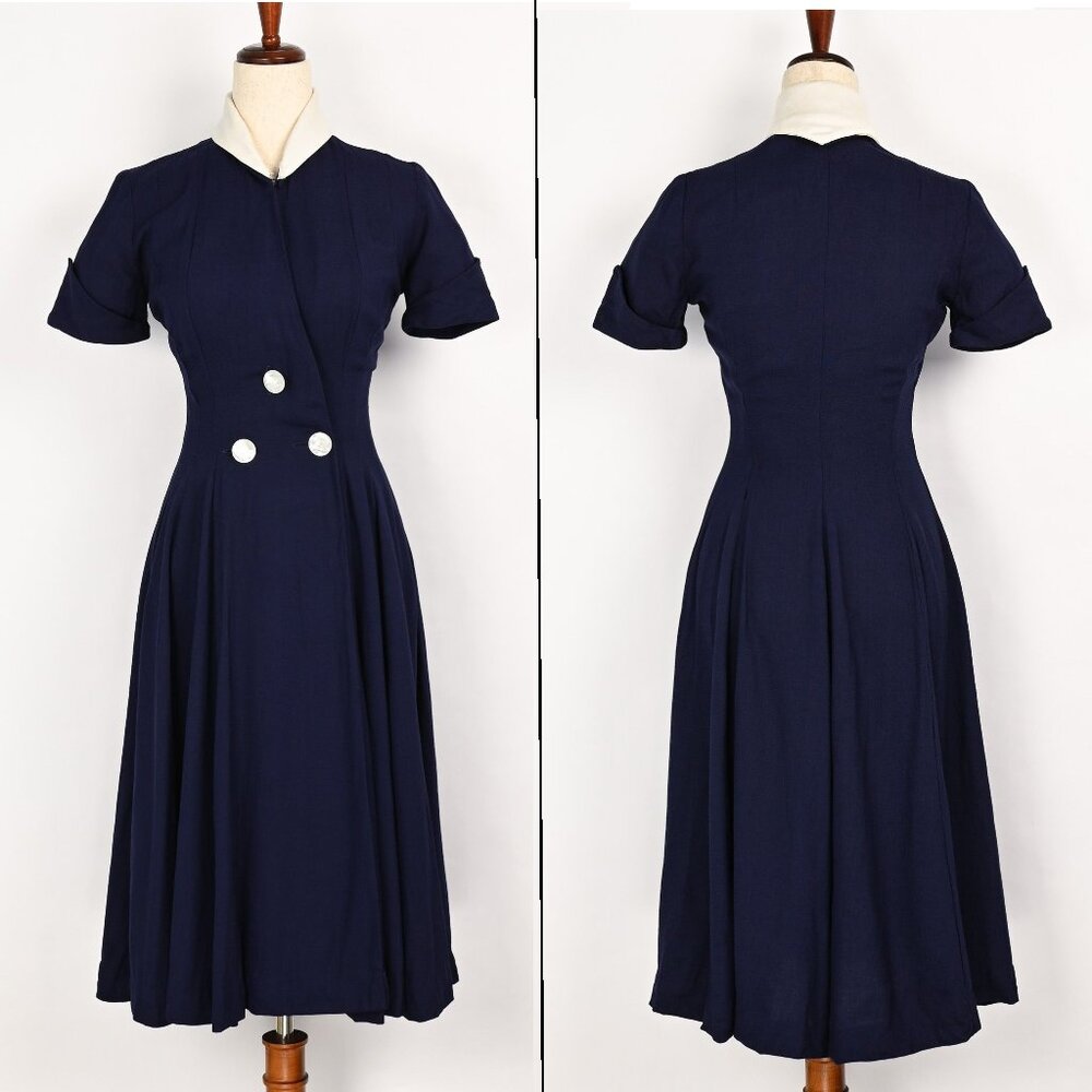 Vintage 40s Dark Blue ORIGINAL JUNIOR BY BERNARD'S Short Sleeve Cotton Dress